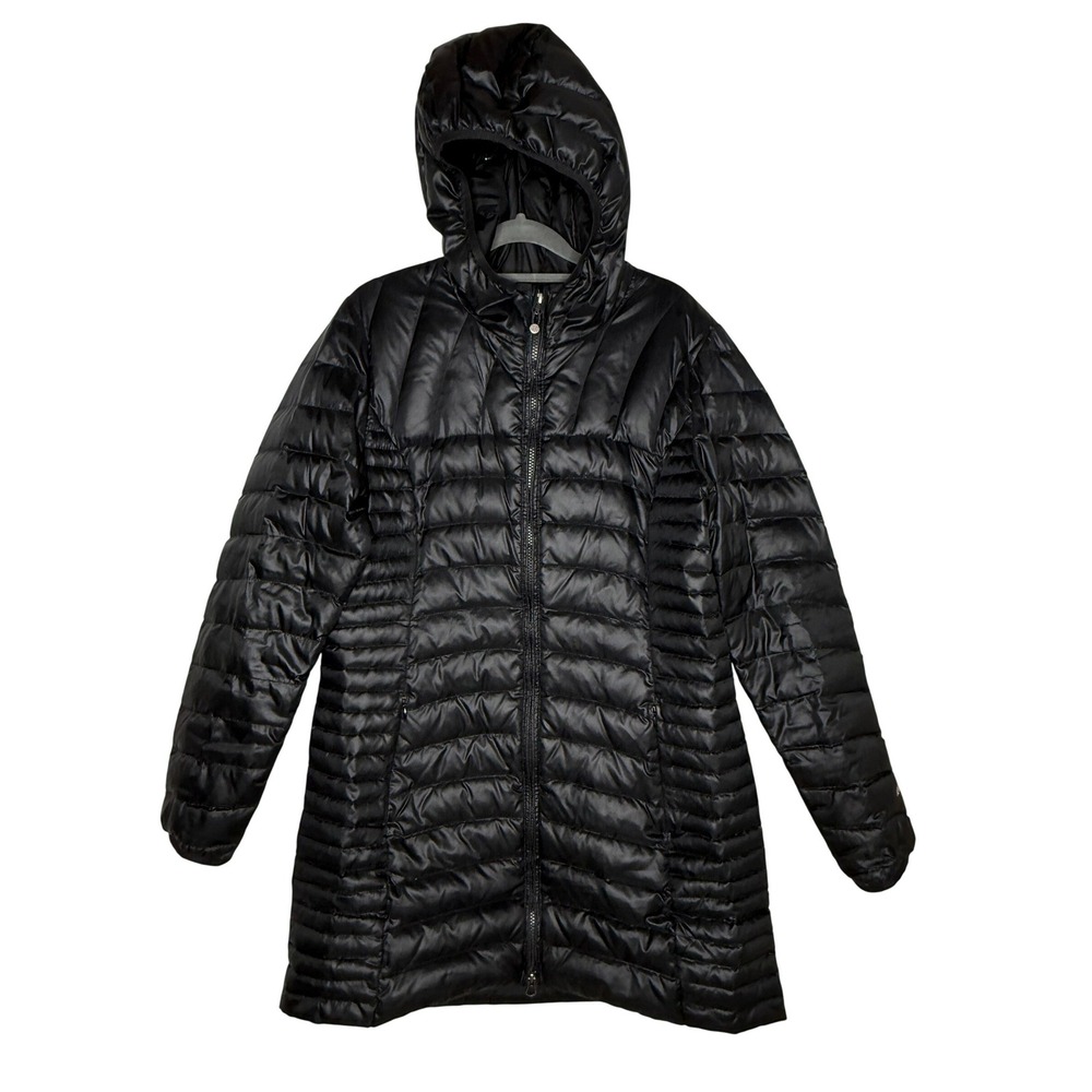 Eddie Bauer Womens Black Down Puffer Parka Hooded Long Jacket Coat Large Sz L